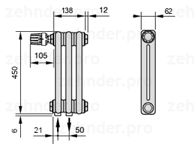 Схема (чертеж) Радиатор Zehnder Charleston 2045/3 №V001 Белый глянцевый RAL 9016